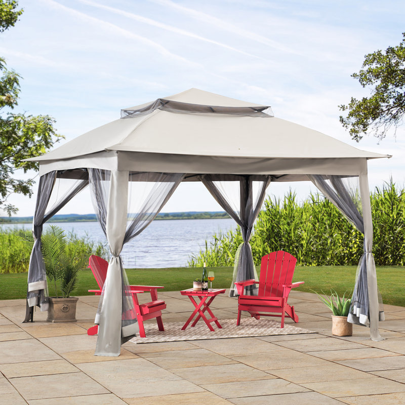 Sunjoy 11 ft. W x 11 ft. D Pop-Up Gazebo, 2-Tier Top Soft Canopy with Mosquito Netting and Carry Bag, Gray