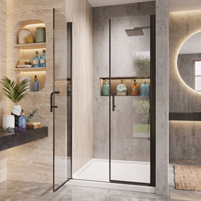 Frameless Double Pivot Shower Door, 180° Inward & Outward Swing Glass Panels, Up to 35 1/8" Walk-in Opening