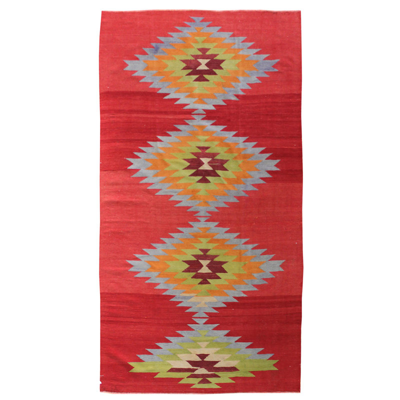 Tapis rouge / orange / bleu unique de 4 pi 10 po x 9 pi 5 po Denizli