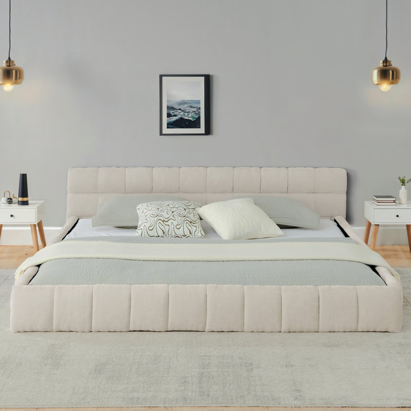Élégante structure de lit tapissier très grand, cadre de lit très grand avec base en tissu chenille avec tête de lit, lit plateforme en bois avec cadre solide pour la chambre à coucher, aucun sommier nécessaire, beige (90,5 po x 80,5 po x 31 po)