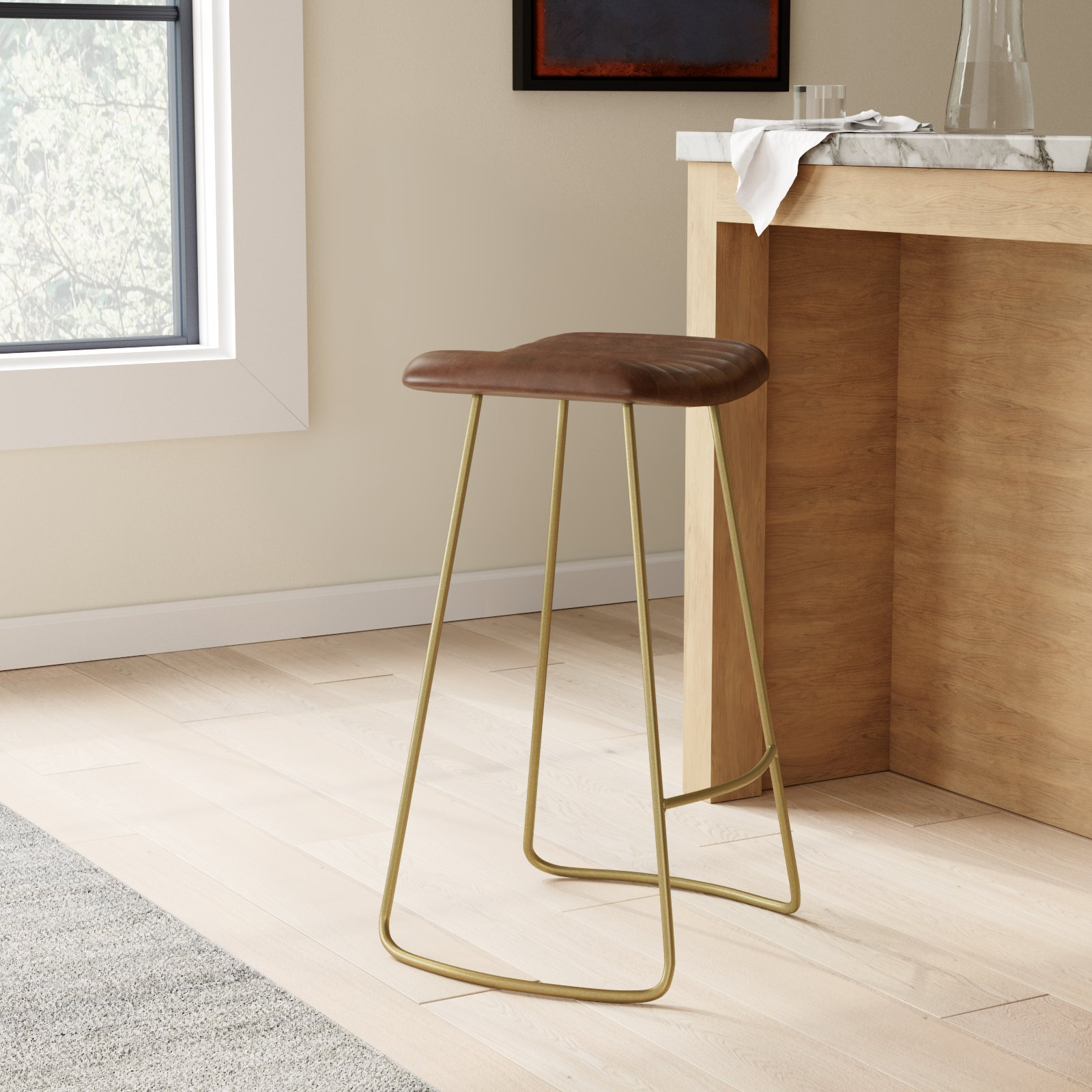 Marianna Bar and Counter Stool, Natural Genuine Leather / Antique Brass Frame, Bar Stool (30" Seat Height)