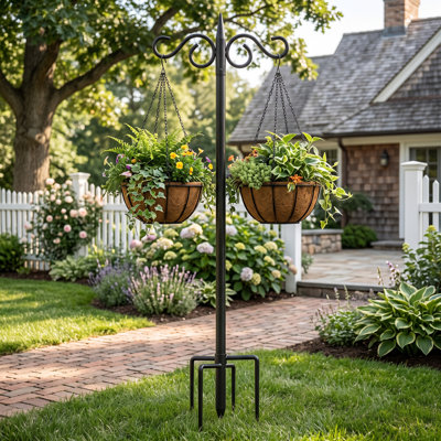 Double Shepherd Hook Stand for Garden, 76 Inch Metal Outdoor Hanging Plant Hook with 5-Prong Ground Base, Scroll Style Hanger for Lanterns, Bird Feeders, Wind Chimes and Lawn Decor