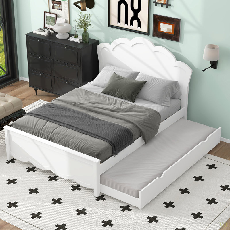 Full Size Wood Platform Bed With Headboard And Twin Size Trundle, Full