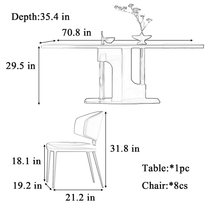 High-end minimalist rectangular  table and chair, White/Gray
