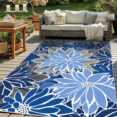 ZonLi Tropical Floral Indoor/Outdoor Rug, 8' x 10', Blue/Grey, Waterproof, Washable, Non-Slip