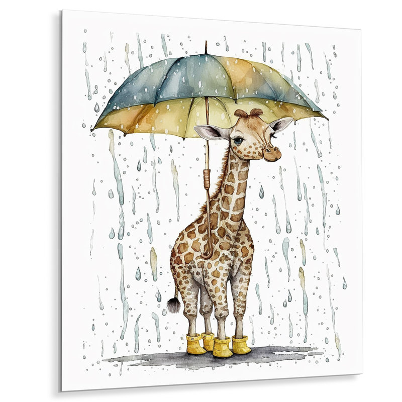 Mignonne girafe avec parapluie jour de pluie - Décoration murale en métal animaux girafe, H 40 po x l 30 po x P 1 po