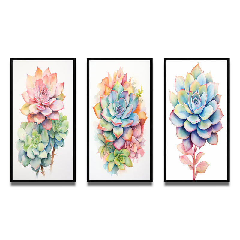 «Blossoming Succulent In Tender Retro Pink II», 3 pièces sur toile, H 20 po x l 36 po, Cadre flottant noir