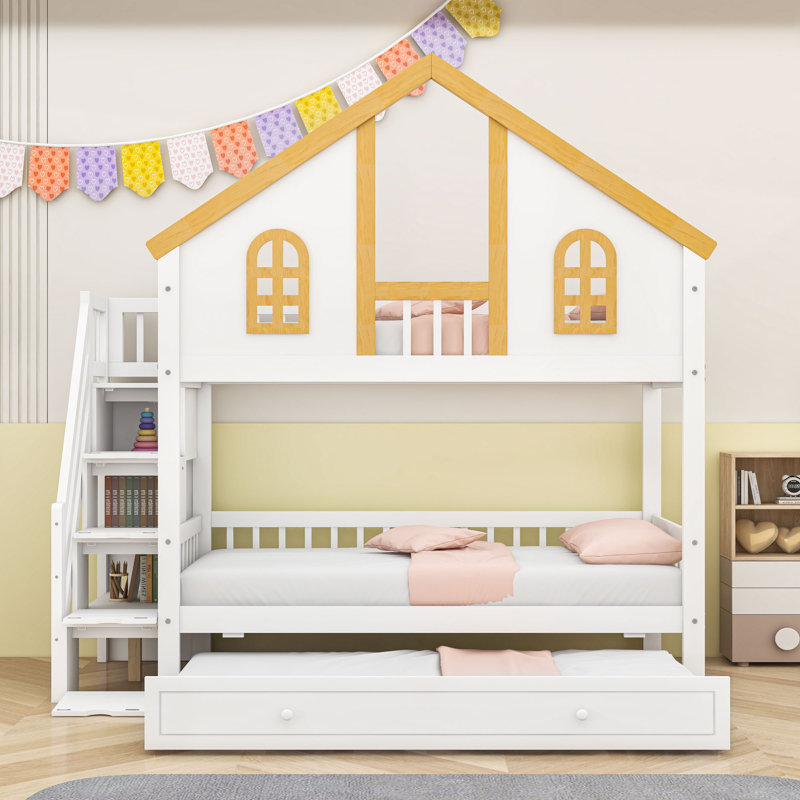 Wooden Bunk Bed with Window Door and Roof, Storage Staircase and Twin Trundle, Twin Over Twin
