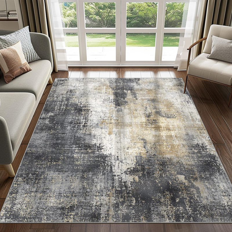 Washable Area Rug, Grey/Gold, Rectangle 120 x 170 cm