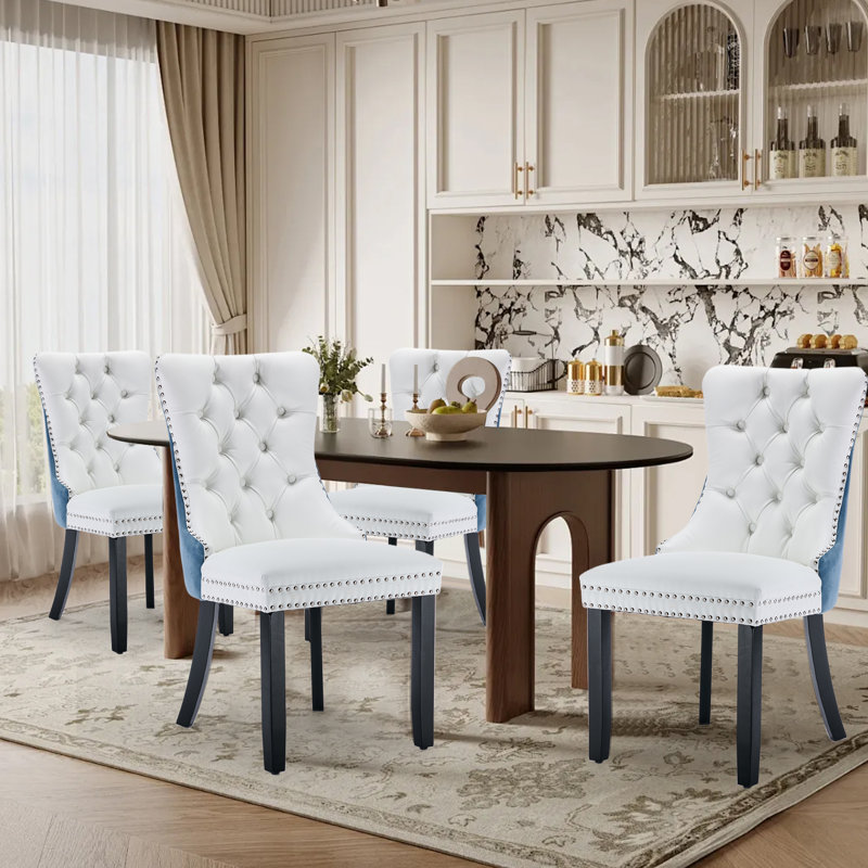 Ensemble de 4 chaises de salle à manger rembourrées en cuir et tissu blanc / bleu, Noir, noir, noir, noir, Blanc / Bleu