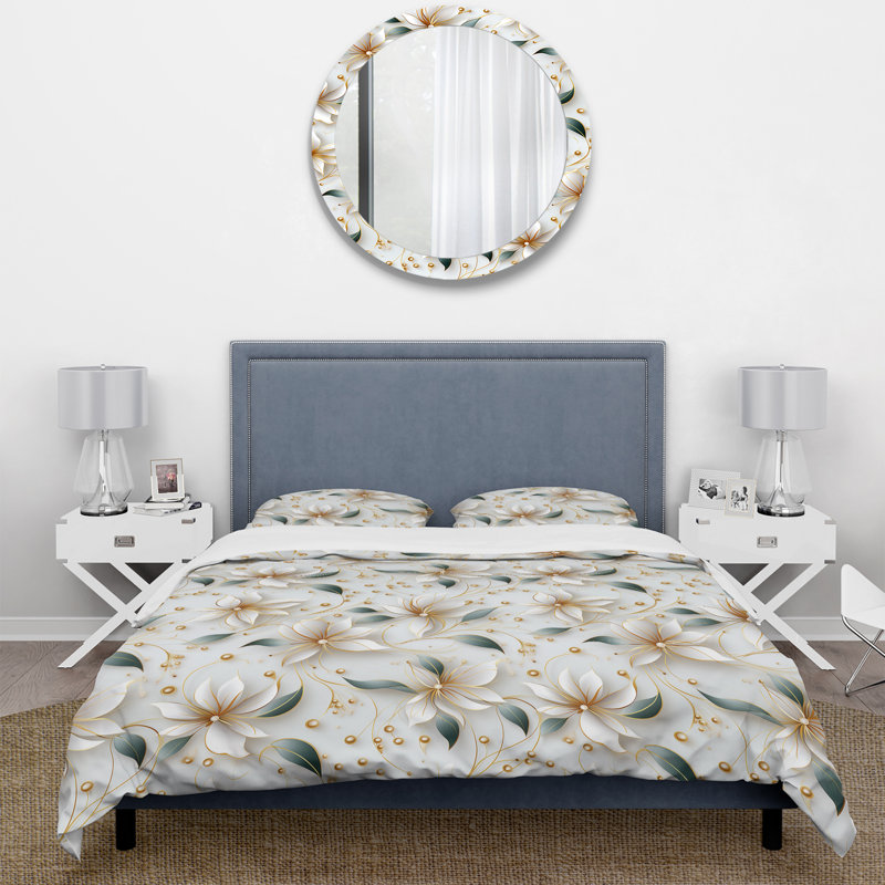 Glamorous Gold And White Marble Pearl Opulence - Ensemble de housse de couette à motif floral