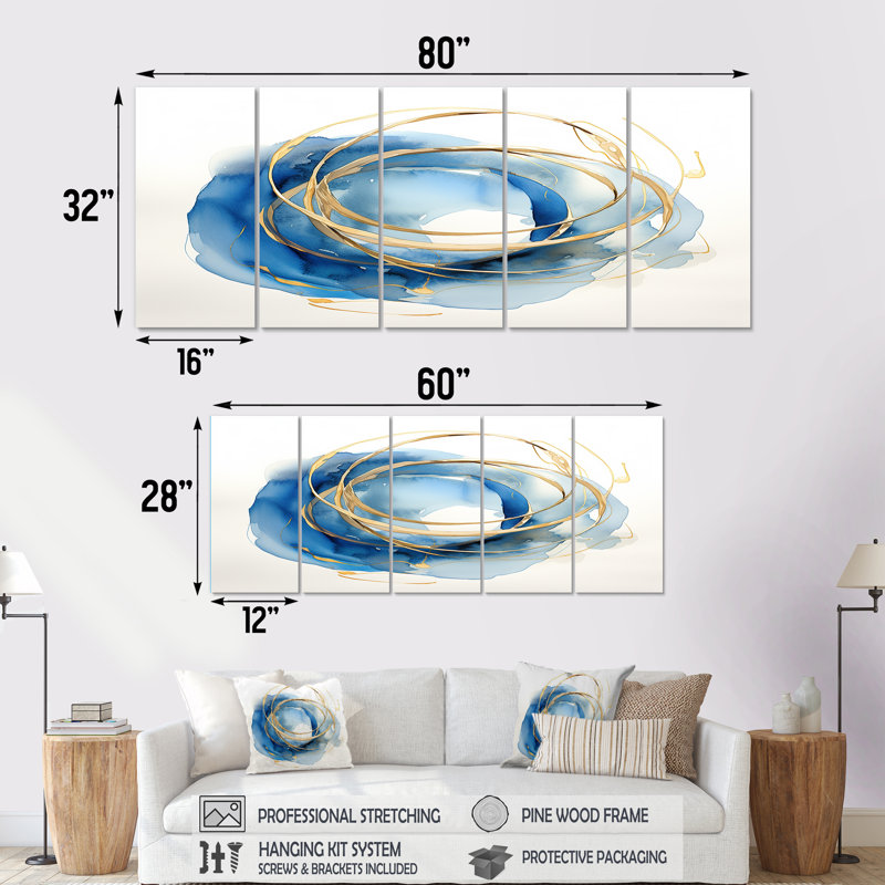 «Unity Subtle Gold Watercolor II», art mural abstrait pour le salon, 5 pièces, H 28 po x l 60 po