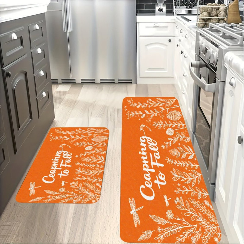 Autumn Floral & Dragonfly, 2 Pcs Non Slip Kitchen Mats, Orange Floral