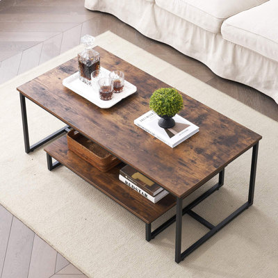 Table basse rustique industrielle, rangement spacieux, panneau de fibres à densité moyenne robuste et structure en métal, assemblage facile, brun rustique