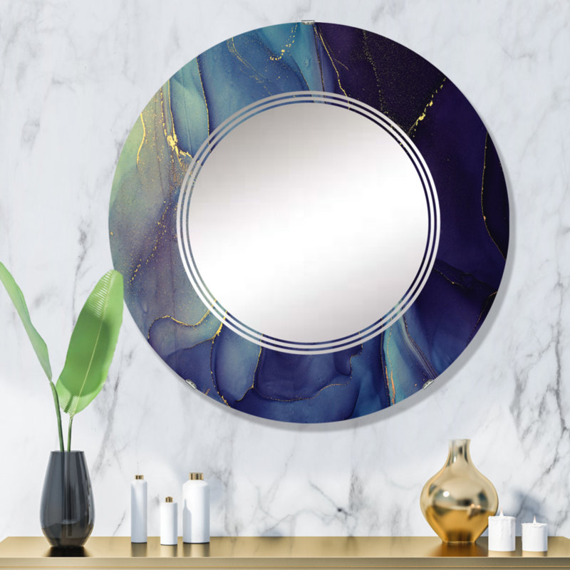 Encre bleue tendre liquide - miroir mural moderne rond, 32 po x 32 po