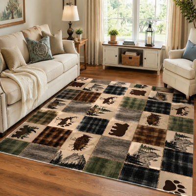 Tapis rustique 1 pièce à motif patchwork avec motifs de cerf et de forêt, lavable, facile à nettoyer, grand revêtement antidérapant pour le salon, la chambre à coucher, la cuisine et le bureau