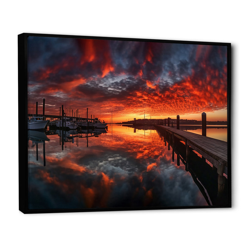 " Sunset Over Port I ", 12" H x 20" W x 1" D, Black Floater Framed