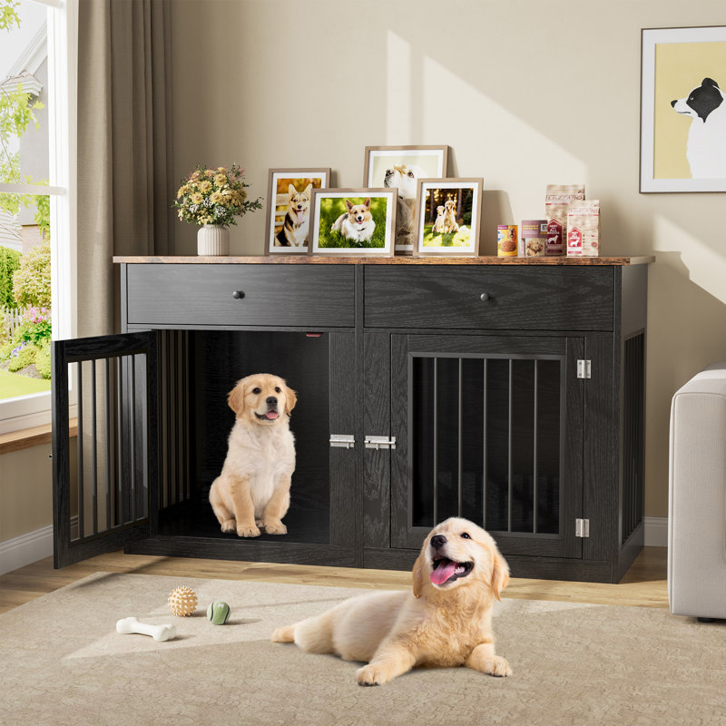 Meuble de 60 po pour 2 chiens avec cage, meuble télé robuste pour chenil avec 2 tiroirs, caisses pour petits chiens de taille moyenne, table de bout pour cage intérieure pour chien, noir