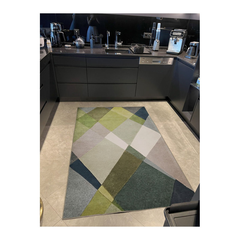 Tapis décoratif moderne à motif géométrique vert, Tapis de couloir 2 pi 6 po x 9 pi 10 po inclus