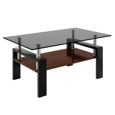 Table basse moderne moderne avec plateau en verre trempé et rangement en panneau de fibres à densité moyenne, parfaite pour les salons contemporains