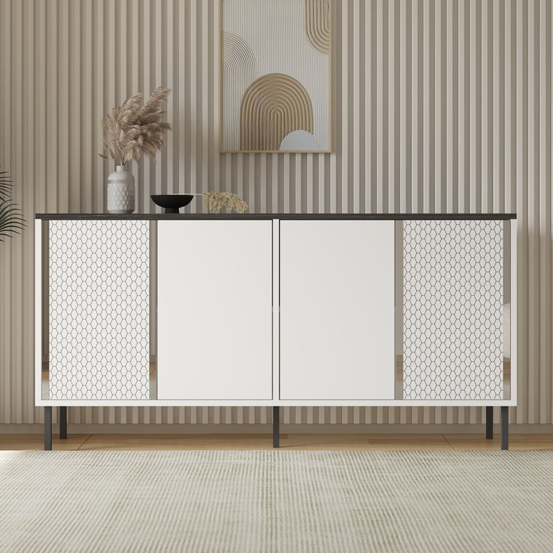 Console moderne avec pieds en métal, blanc et royal, 59,1 po x 29,5 po x 14,2 po | 100% panneau de particules enduit de mélamine, 0,7 po d'épaisseur | Fixation murale, portes à pousser, tablettes multiples, design industriel