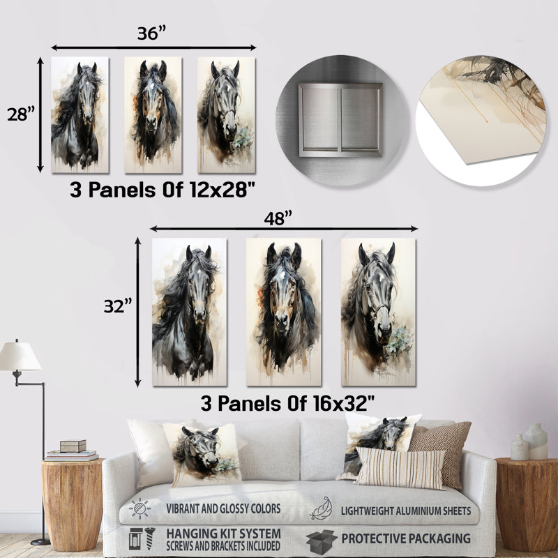 Minimalist Black Horse Beauty I - Horse Metal Wall Art Living Room Set Of 3, 28" H x 36" W