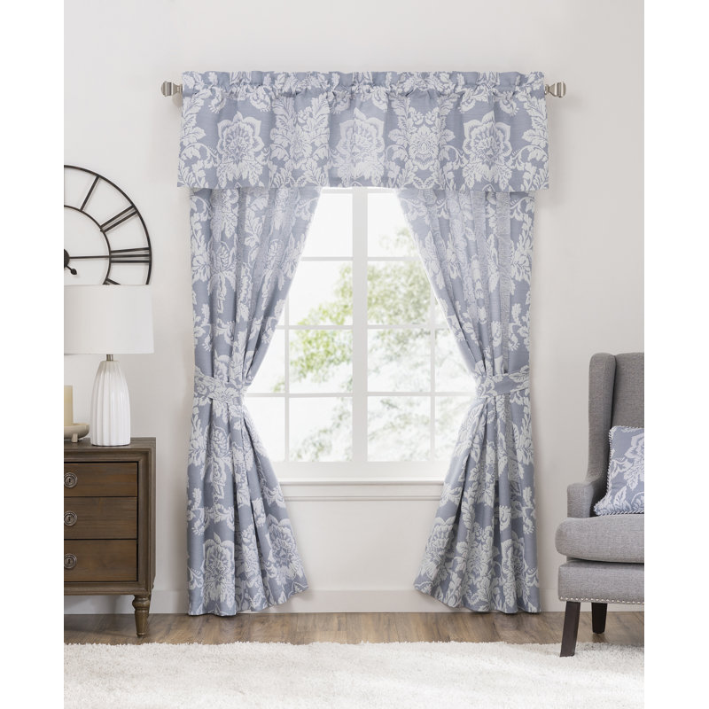 84" Light-Filtering White and Periwinkle Polyester Floral Drapery Panels