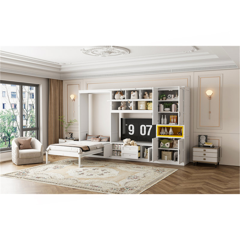 Lit escamotable simple en bois avec meuble télé, 2 tiroirs, tablettes et armoires, blanc, White
