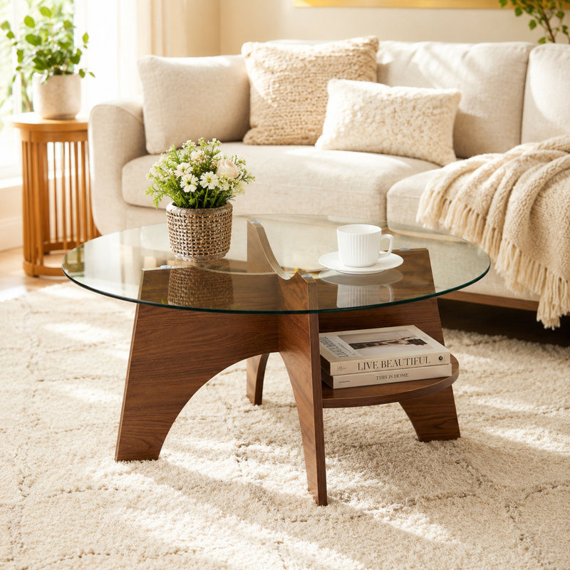 Table basse ronde en verre 31,5 po avec base en noyer et tablette de rangement inférieure