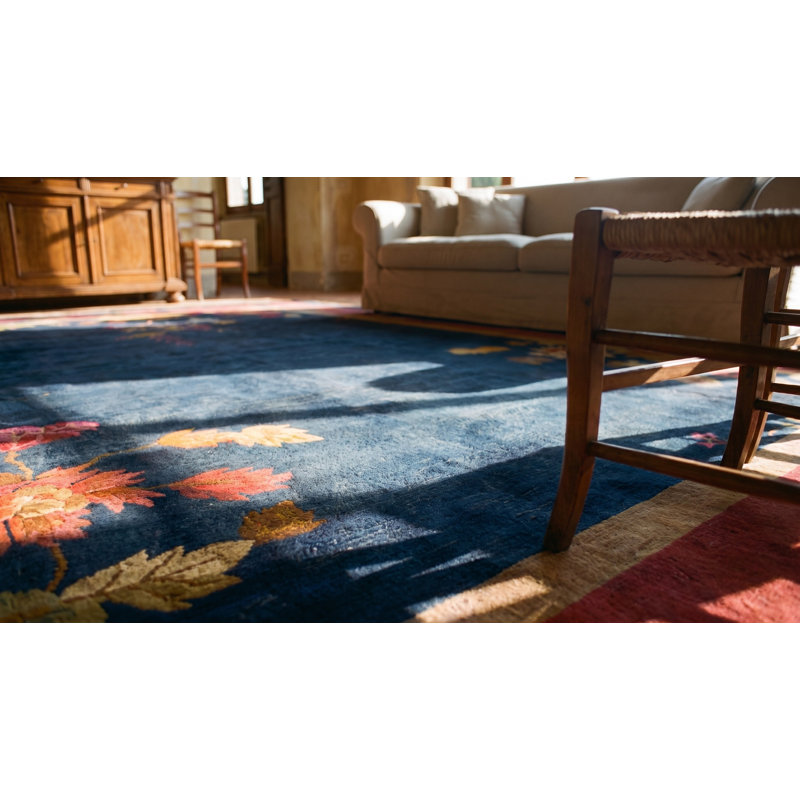 Antique Navy Blue Field Color Floral Art Deco Chinese Allover Rug