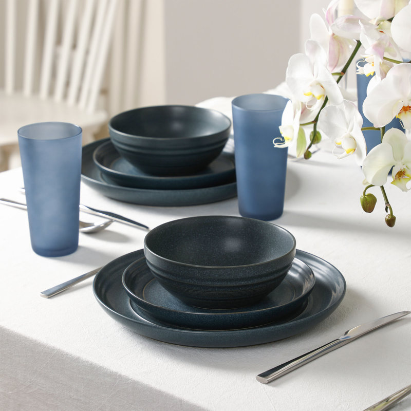 Stone Lain Elio 16-Piece Stoneware Dinnerware And Glass Drinkware Set, Blue