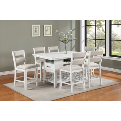 Ensemble de salle à manger 7 pièces à hauteur de comptoir, table rectangulaire blanche avec rangement pour le vin et chaises rembourrées