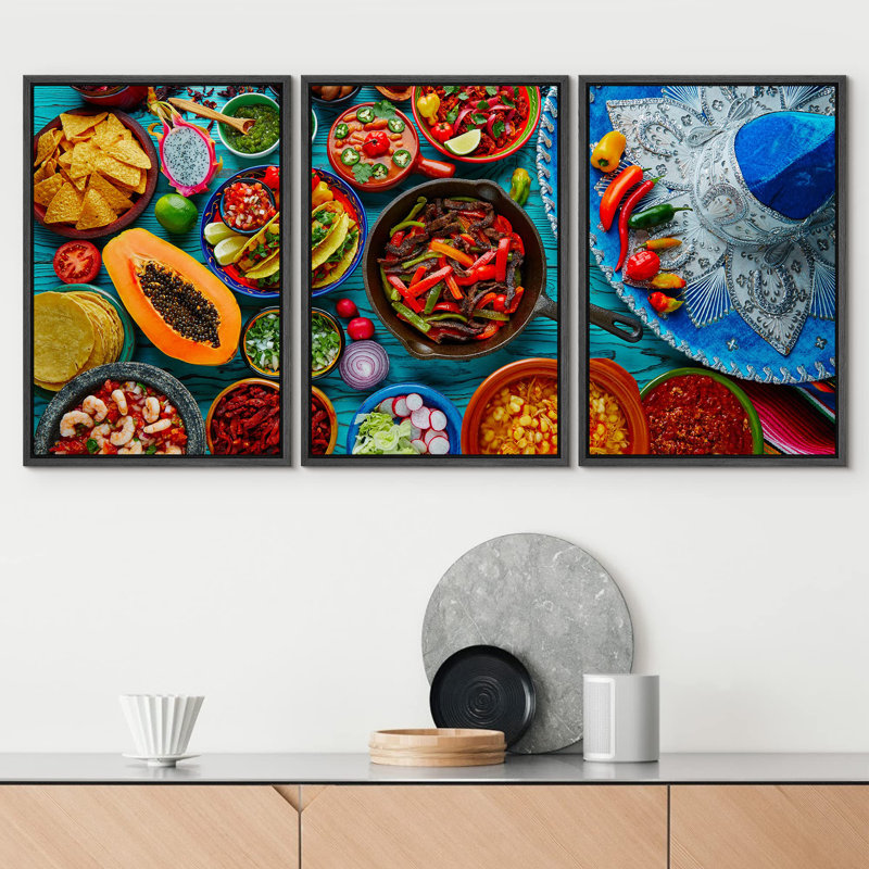 Kitchen Food " Tropical Fruit And Delicious Food Mix Background " 3 - Pieces, 24" H x 16" W, Black Floater Framed