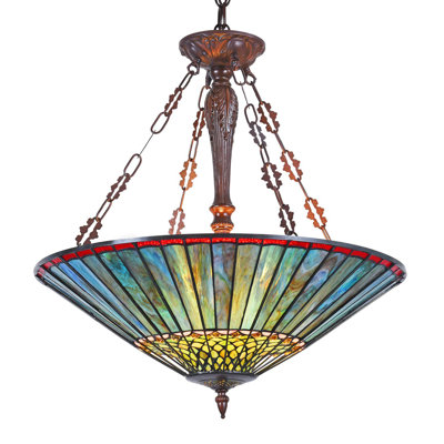 Grande lampe suspendue en verre coloré 3 lumières 25 pouces Tiffany, H 23 po x l 24,4 po x P 24,4 po Tiffany