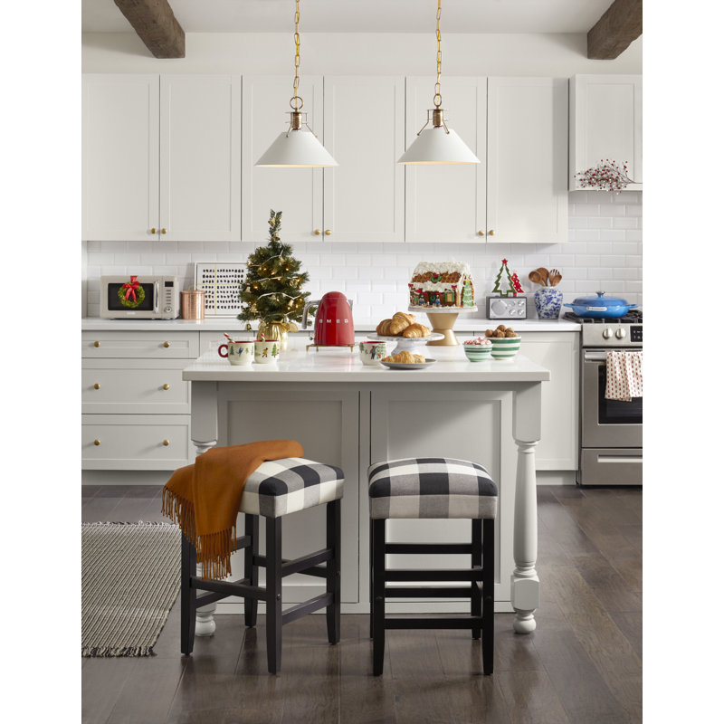 Black and White Plaid Wood Backless Counter Stool