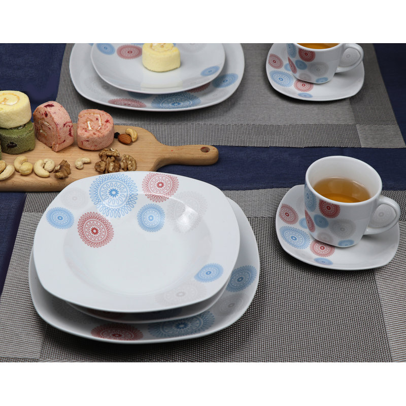 Service de table en porcelaine 20 pièces, service pour 4 20 pièces, Bleu / Rouge