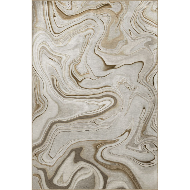 Tapis beige lavable à la machine à motif abstrait en spirale, Tapis de couloir 4 pi 11 po x 9 pi 10 po