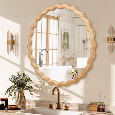 Miroir mural rond ondulé 27,5 po, blanc, bord blanc délavé
