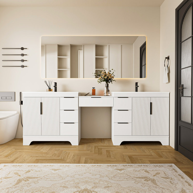 96" Freestanding Double Sink Bathroom Vanity With Sink Top, 24" Makeup Countertop With Drawer, Bathroom Cabinet Shelf With Drawers And Doors