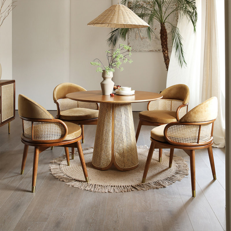 Table de salle à manger ronde 31,50 "en bois massif minimaliste moderne avec détails en rotin, 29.53" H x 31.50" W x 31.50" D