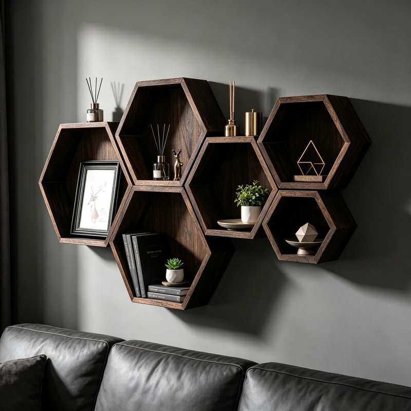 Ensemble de 6 tablettes flottantes hexagonales Farmhouse Honeycomb, 15.4" H x 13.4" W x 3.1" D