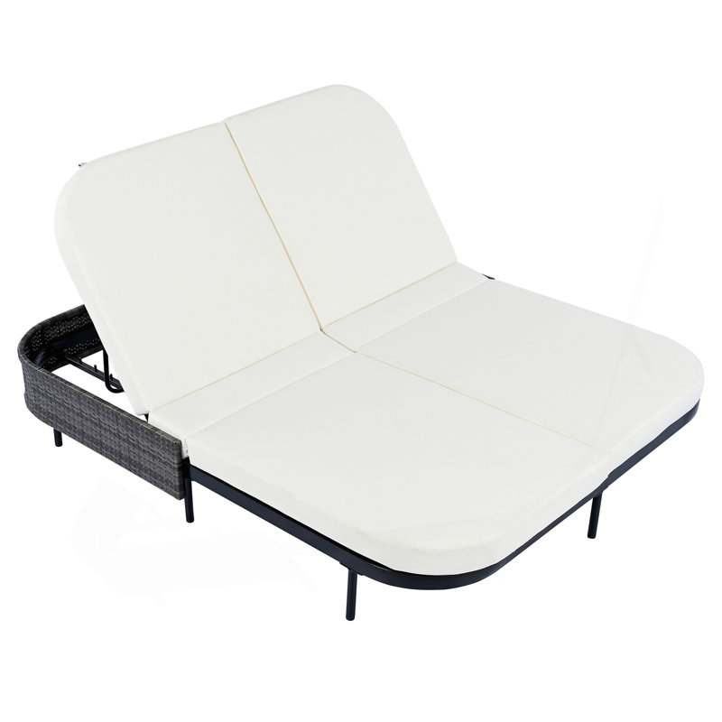 Outdoor Daybed, Patio Rattan Daybed With 5-Position Adjustable Backrest And Removable Cushions&Pillows, Iron Frame Outdoor Bed Loveseat For Garden, Backyard, Poolside (Black Frame+Beige Cushion)