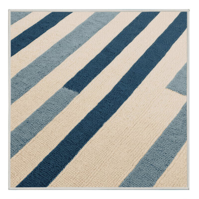 Washable Sea Blue Cream Striped Area Rug