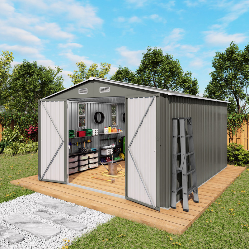 Remise à outils grise pour jardin 10 po x 12 pi avec double porte et fenêtres verrouillables