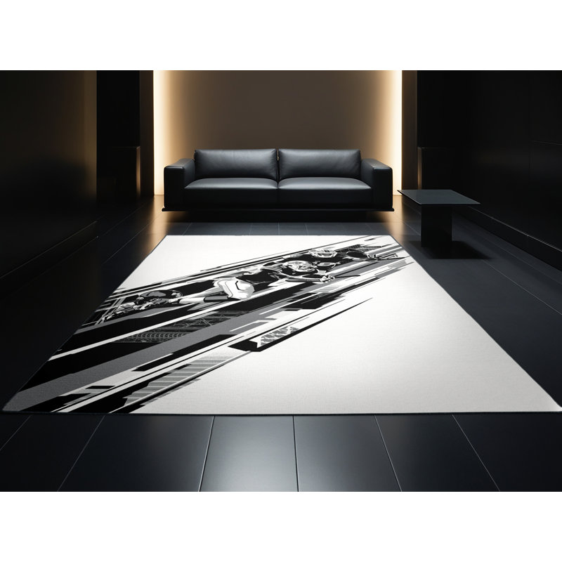 Machine Washable Rayan American Football Action Play Modern & Contemporary Geometric Rug in Blue – Black Binding, 6x9