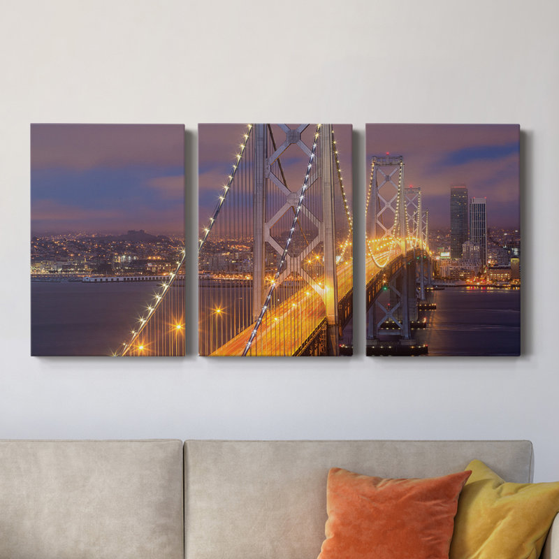 Nighttime On Bay Bridge - Toile tendue avec châssis de qualité supérieure - Prêt à être accroché, H 48 po x l 96 po x P 1 po