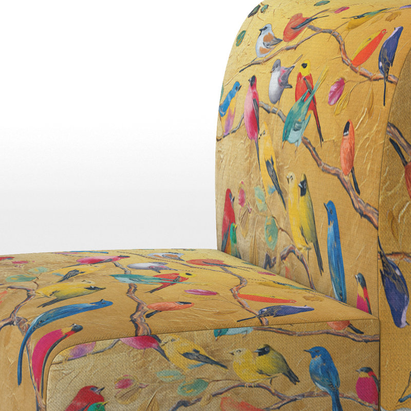 Multi-Color Bird On Tree - Upholstered Farmhouse Accent Slipper Chair, Orange Polyester Blend
