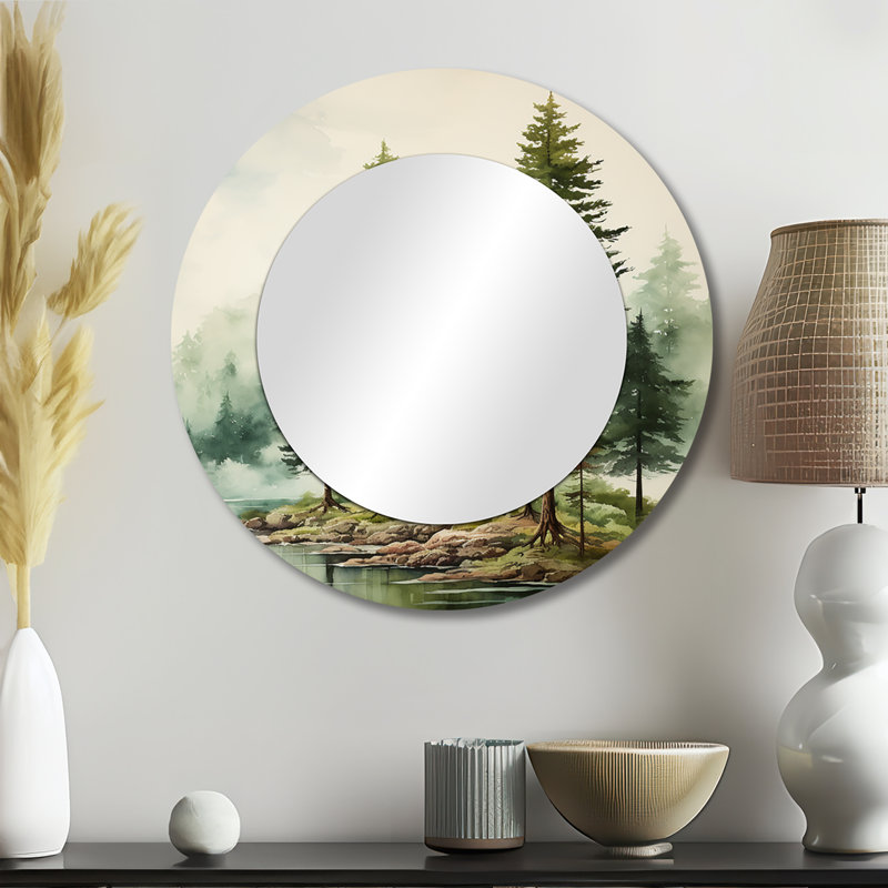 Saifa, pin vert, éternels gardiens III - miroir décoratif en pin, miroir mural rond vert, impression sur métal, 23 po x 23 po
