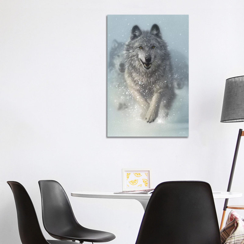 Chasse-neige - loups qui courent, vertical, H 26 po x l 40 po x P 1,5 po, Toile tendue