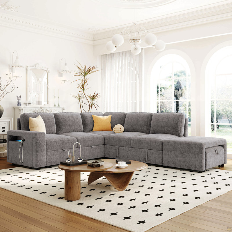Canapé-lit escamotable en L avec rangement, ports USB et porte-gobelets, conception modulaire, Polyester gris